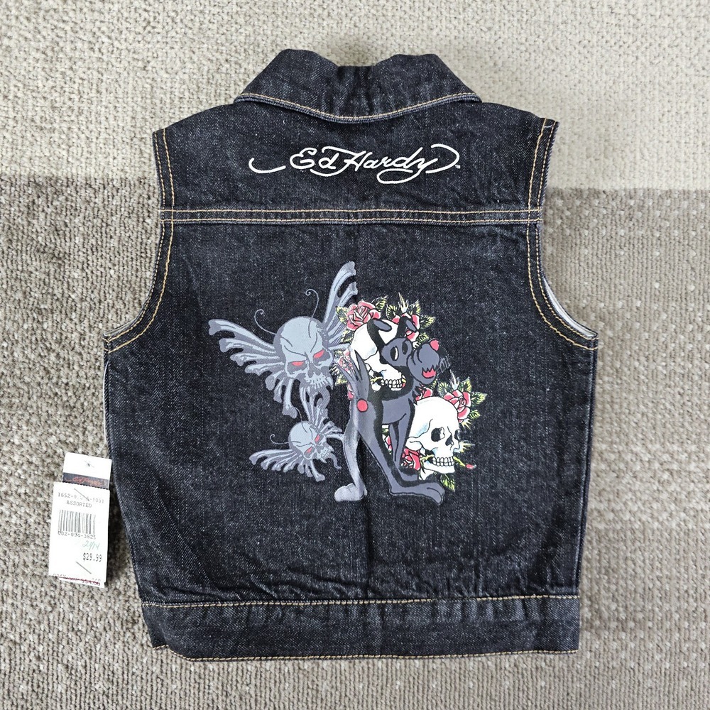Ed Hardy Grunge Dog Skull Butterfly Black Denim Vest Boys Size 24 Months‎